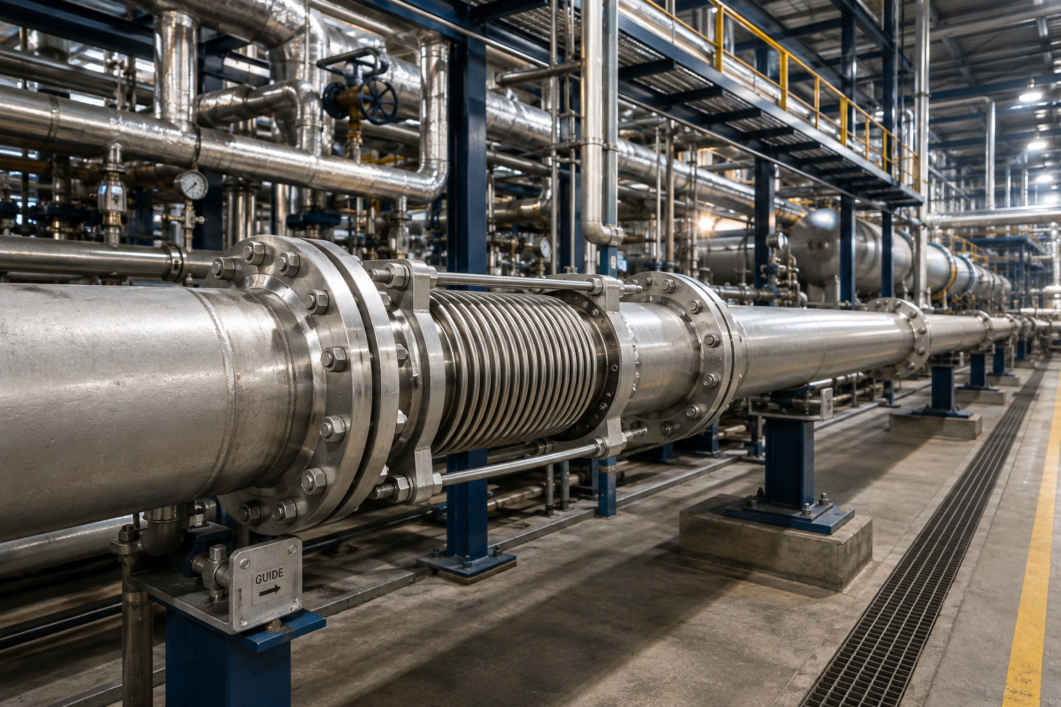 JDZ axial bellows expansion joint installed in a straight industrial pipeline