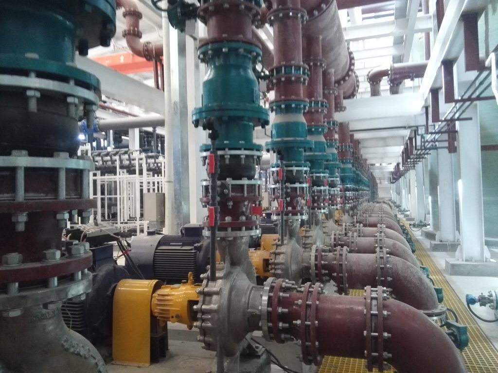 Rubber expansion joints installed at multiple pump connections in a mechanical room