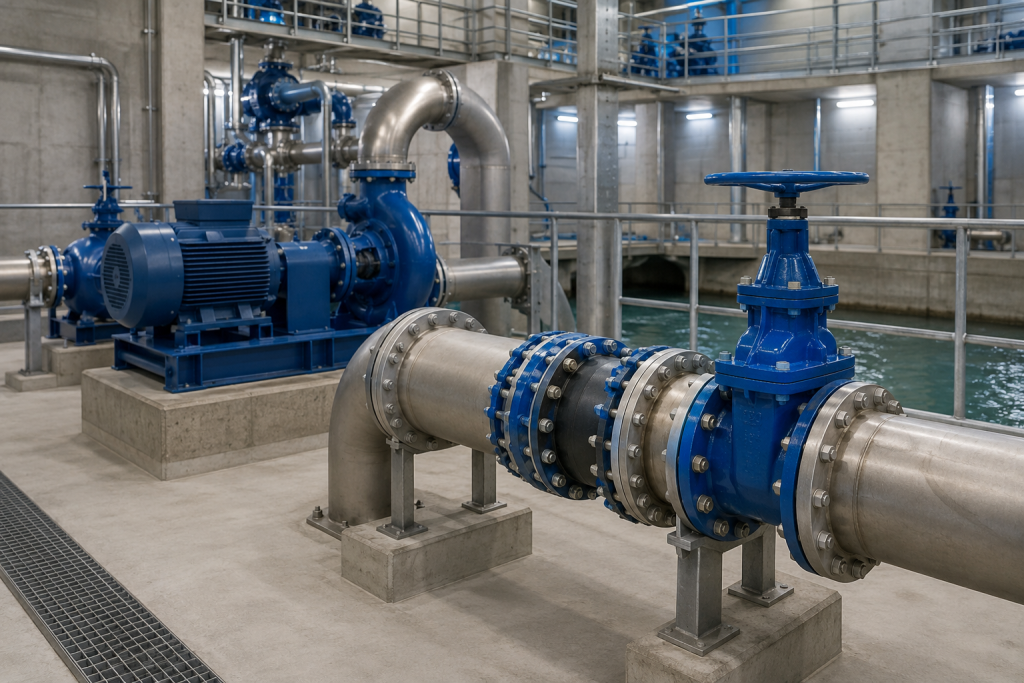 Water and wastewater pump station piping with expansion joint and isolation valve