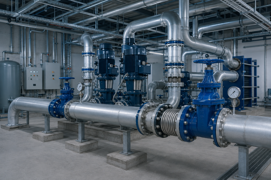 HVAC chilled-water pump room with metal bellows expansion joint and district cooling piping