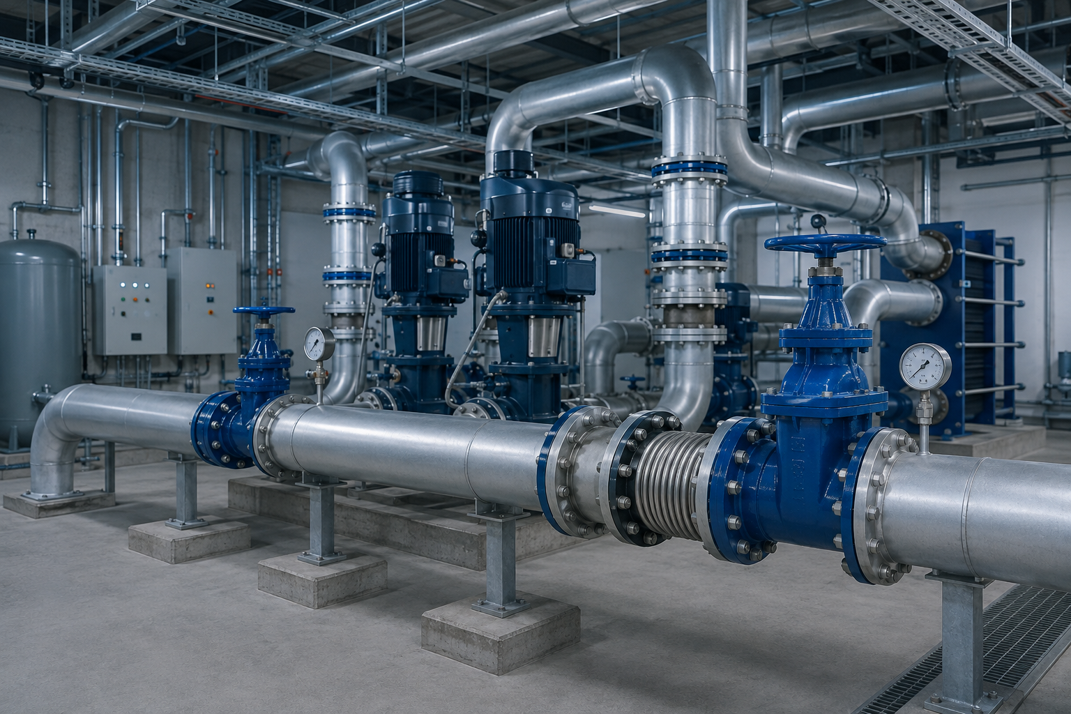 HVAC chilled-water pump room with metal bellows expansion joint and district cooling piping