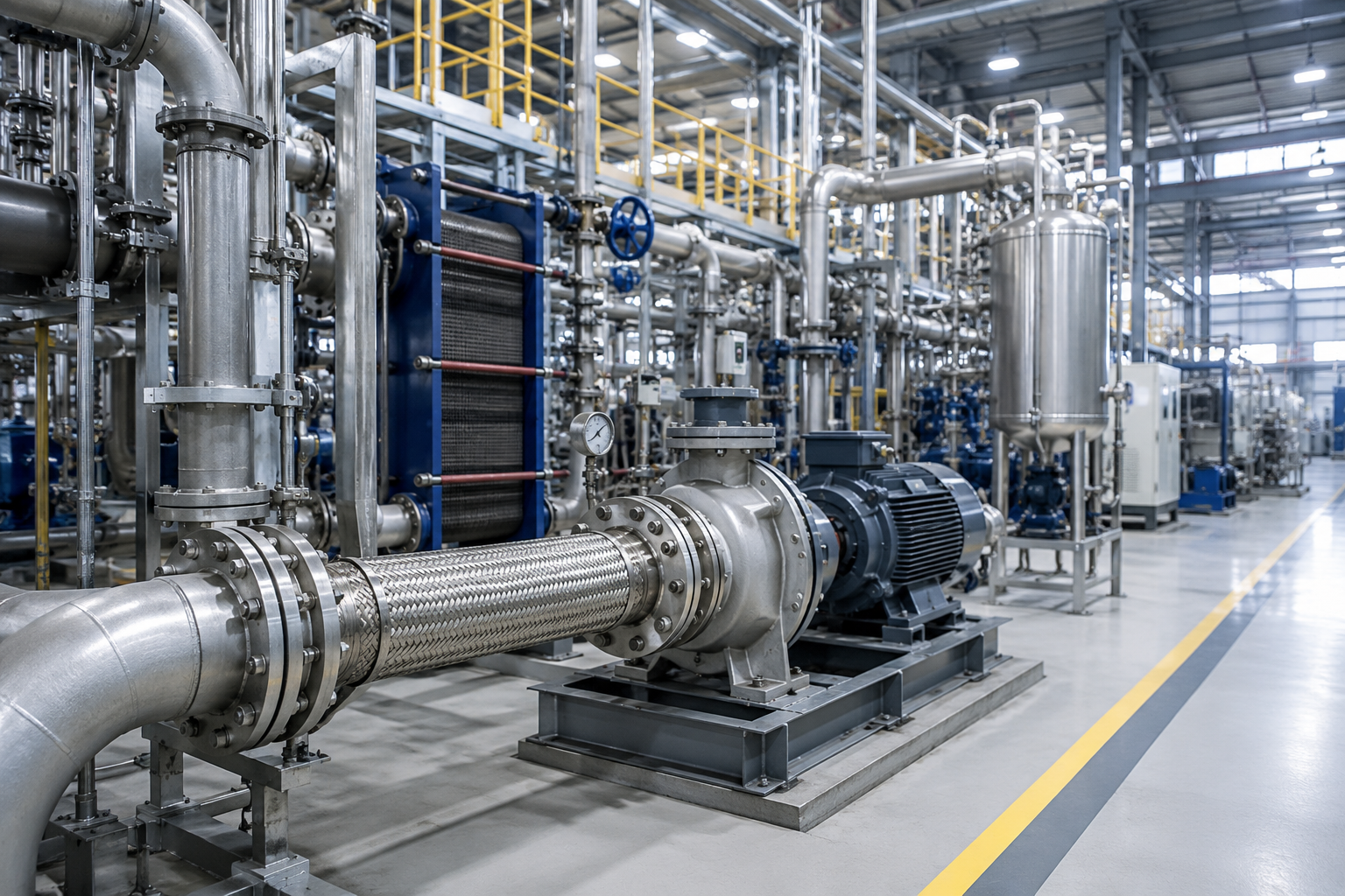 Industrial process equipment connected by stainless steel flexible metal hose
