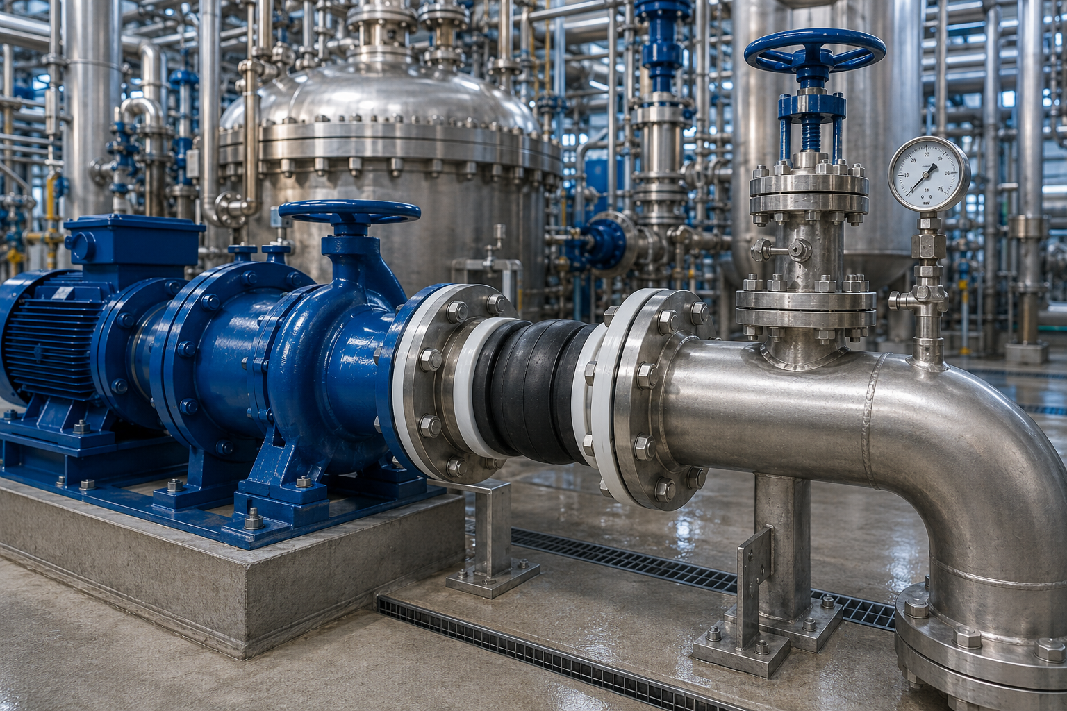 PTFE-lined rubber expansion joint installed at a chemical process pump connection