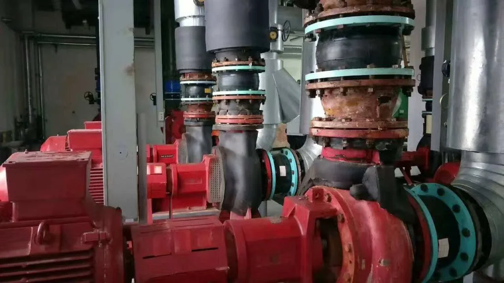 Flanged rubber expansion joint at a piping connection
