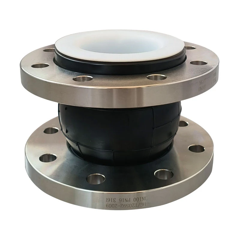 Upper view of the white PTFE wetted lining inside a rubber expansion joint