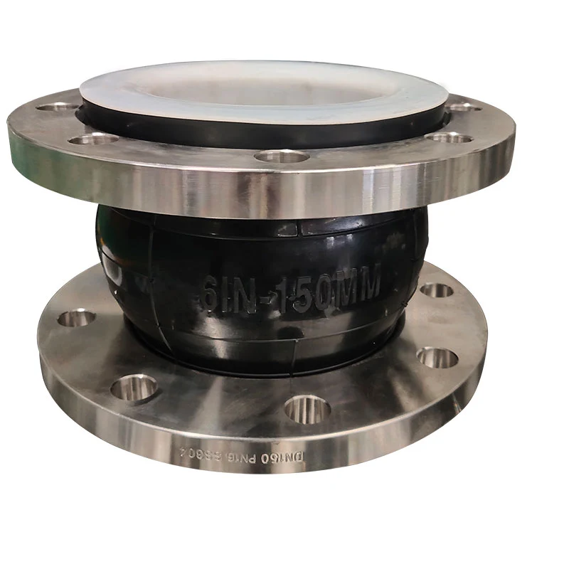 Flange and white PTFE liner detail on a rubber expansion joint