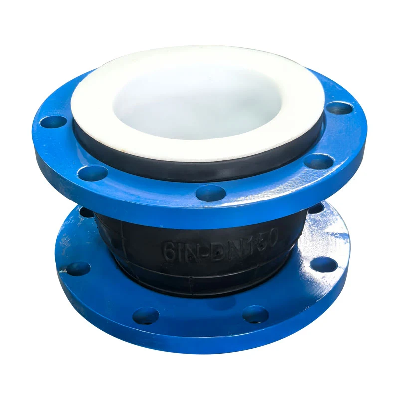 Top angled view of blue flanged PTFE-lined rubber joint