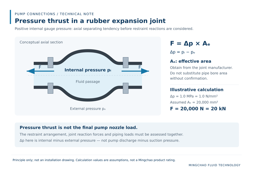Pressure thrust diagram for a rubber expansion joint showing internal and external pressure, effective area and an illustrative force calculation.